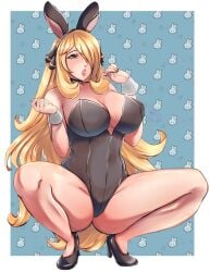 1girls bare_legs big_breasts black_bunnysuit black_eyes blonde_hair breasts bunny_ears bunnysuit cleavage cynthia_(pokemon) fake_animal_ears female female_only footwear game_freak hair hair_over_one_eye headwear heels high_heels huge_breasts legs lips long_hair mature mature_female mature_woman pokemon pokemon_dppt rinku_bny solo solo_female squatting thick_thighs thighs