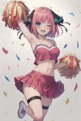 1girls ai_generated blue_eyes blush blush_lines cheerleader cheerleader_outfit cheerleader_uniform go-toubun_no_hanayome looking_at_viewer medium_breasts nakano_nino navel one_eye_closed pink_hair pom_pom_(cheerleading) pom_poms setsuaiart setsumanga skinny skirt skirt_lift skirt_up slim_waist teenager thick_thighs