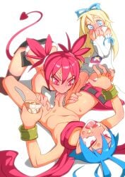 blowjob blush clothed_female_nude_male covering_face disgaea disgaea_1 etna flonne laharl nippon_ichi_software orgasm orgasm_face penis shorts shorts_around_one_leg shorts_down yuuri_splatoon