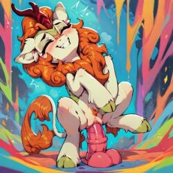 1girls ai_generated autumn_blaze_(mlp) blush closed_eyes dildo female female_only feral feral_only friendship_is_magic fur furry furry_only hasbro hooves horn kirin mane my_little_pony orange_hair pussy sex_toy smile solo tail teeth