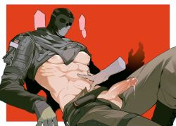 1boy abs big_penis deimos_(rainbow_six) disembodied_hand ezekialali_rei male_focus male_only masked masked_male pants_open pecs penis_out precum precum_drip rainbow_six_siege shirt_lift toned toned_male