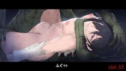 abs absurdres arm_grab bangs bite_mark biting biting_lip black_hair blood blue_eyes bruise capital_inspector_(goblin_slayer) choke_hold commentary_request crying crying_with_eyes_open female gangbang goblin goblin_male goblin_slayer green_skin group_sex hair_over_one_eye head_grab highres injury interspecies leg_grab llowoll looking_at_viewer male nude rape saliva saliva_trail short_hair size_difference small_dom_big_sub smaller_male stomach_bulge strangling tears torn_sleeve translation_request twitter_username