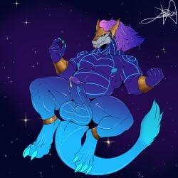 anthro artist_name asian_mythology aurelion_sol aurelion_sol_(lol) balls barazoku belly biceps blue_body bodily_fluids chiki123 digital_media_(artwork) dragon eastern_dragon erection flexing flexing_bicep flexing_both_biceps genital_fluids genitals hair hi_res humanoid_genitalia humanoid_penis league_of_legends looking_at_viewer male musclegut muscular muscular_anthro muscular_male muscular_thighs mythological_creature mythological_scalie mythology nipples nude pecs penis riot_games scalie simple_background solo space star tail triceps