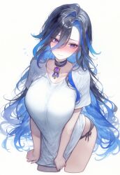 ai_generated arms_up ass_out belly_button big_breasts black_hair blue_hair blush clorinde_(genshin_impact) embarrassed embarrassed_female genshin_impact hoyoverse leaning_forward long_hair looking_at_viewer necklace panties pulling_shirt_down purple_eyes setsuaiart setsumanga shirt shirt_pull short_shirt slim_waist teenager two_tone_hair underwear