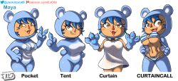 2022 animal_crossing animal_crossing_girl bear_suit big_breasts bikini blue_hair breasts curtain_call_challenge digital_media_(artwork) fan_character female fursuit human jackintaro looking_at_viewer nintendo oc pawpads paws simple_background underwear undressing villager_(animal_crossing) yellow_eyes