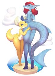 anthro ass blep blue_body blue_eyes butt_grab buttplug_bikini countershade_torso countershading duo female female/female fin fish gills grin hair hand_on_butt hi_res horn humanoid_pointy_ears kobold looking_at_viewer lyinart marine red_hair shark smile spread_butt spreading tattoo tongue tongue_out yellow_body