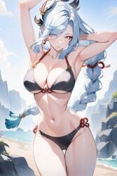 ai_generated arms_behind_head beach belly_button big_breasts bikini blush braided_ponytail earrings genshin_impact hair_ornament long_hair looking_at_viewer setsuaiart shenhe_(genshin_impact) slim_waist teenager thick_thighs white_hair wide_hips young younger_female