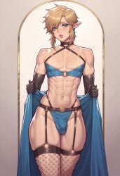 1boy ai_generated bulge_through_clothing cerberuspup77926 femboy feminine_male fishnet_stockings link looking_at_viewer male male_only solo the_legend_of_zelda