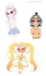 ass big_breasts blue_eyes blue_hair blush breasts bust_up character_request clothing digital_media_(artwork) fairy_wings fanart female_only fran_(summoners_war) girl looking_at_viewer looking_back summoners_war transparent_clothing vagina white_hair yellow_hair