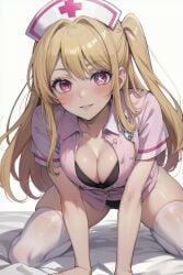 ai_generated bending_forward bending_over bent_over big_breasts black_bra blonde_hair blush bra breasts close-up curvy_figure dress female hi_res hoshino_ruby leaning_forward long_hair looking_at_viewer medium_breasts nurse nurse_cap nurse_uniform panties purple_eyes seductive_look setsuaiart setsumanga skirt solo_focus thick_thighs thighhighs thighs underwear upskirt