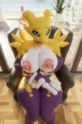 1girls 2024 3d 3d_(artwork) 4_fingers anthro anthro_only areola areolae black_sclera blue_eyes bridal_gauntlets cleavage collar digimon digimon_(species) ear_piercing earrings female female female_focus female_only fever-dreamer fox fox_ears fur furry furry_female furry_only gold_collar hi_res highres hips indoors jewelry looking_at_viewer mammal nipple_piercing nipples purple_thighhighs renamon renamon_(dogzeela) sitting sitting_on_chair solo solo_female solo_focus thighhighs wide_hips yellow_body yellow_fur