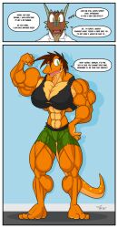 abs biceps big_breasts big_muscles breasts brown_hair could_be_bigger female green_eyes hair large_breasts large_muscles male mctaylis muscles muscular muscular_arms muscular_back muscular_female muscular_legs muscular_thighs needs_a_continuation needs_more_mass not_big_enough pecs tail