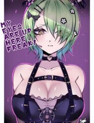 1girls big_breasts ceres_fauna ceres_fauna_(goth_costume) cleavage disgusted fuyudayoneh goth goth_girl gothic_lolita green_hair hololive hololive_english hololive_english_-council- hololive_english_-promise- large_breasts lolita_fashion short_hair virtual_youtuber