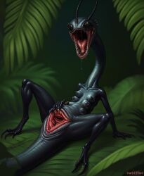 1girls 6_breasts ai_generated black_skin breasts cloaca cloaca_juice creature darkeffect female_only jungle legs_apart monster multi_breast nightmare_fuel parasite shiny_skin solo solo_focus tongue tongue_out unknown_species unusual_anatomy unusual_genitalia