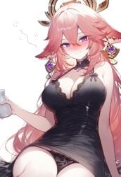 ai_generated ass bare_thighs big_breasts blush earrings furry_ears genshin_impact hair_ornament hoyoverse long_hair looking_at_viewer necklace panties pink_hair purple_eyes setsuaiart sitting skirt skirt_up sleeveless_shirt slim_waist smiling_at_viewer thick_thighs yae_miko