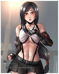 1girls big_breasts black_hair blush clothes_lift clothing dangerousbride dialogue english_text female female_only final_fantasy final_fantasy_vii long_hair looking_at_viewer red_eyes scar scar_on_chest solo talking_to_viewer tied_hair tifa_lockhart underboob very_high_resolution