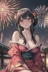 1girls ai_generated assassin bare_shoulders big_breasts black_hair blush breasts clothes_removed drunk drunk_female earrings female fireworks hips kimono kimono_down light-skinned_female light_skin milf new_year pantyhose red_eyes setsuaiart setsumanga slim_waist smile spy_x_family thorn_princess wide_hips yor_briar yor_forger