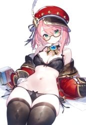 ai_generated belly_button bra charlotte_(genshin_impact) genshin_impact green_eyes hat hoyoverse leaning_back lingerie lingerie_only looking_at_viewer open_jacket panties petite petite_body petite_female pink_hair setsuaiart setsumanga sitting slim_waist smaller_male stockings teenager thighhighs wide_hips