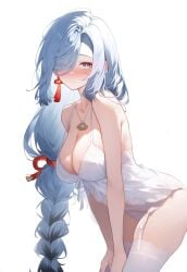 2d 2d_(artwork) 2d_artwork ai_generated arched_back back_arch big_ass big_breasts blue_eyes blue_hair blush earrings garter_belt garter_straps genshin_impact hair_over_one_eye high-waist_panties hoyoverse lace-trimmed_panties leaning_forward lingerie long_hair looking_at_viewer necklace panties pinup pulling_shirt_down see-through see-through_clothing setsuaiart setsumanga sheer sheer_clothing shenhe_(genshin_impact) shirt_pull side_view slim_waist stockings thick_thighs thighhighs tied_hair transparent_clothing underwear white_hair