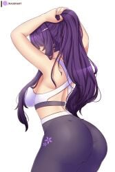 ass_out back_view big_ass big_breasts big_butt doki_doki_literature_club leggings long_hair purple_hair raionart side_view sideboob slim_waist sports_bra teenager thick_thighs three-quarter_view tied_hair tying_hair wide_hips yoga_pants yuri_(doki_doki_literature_club)