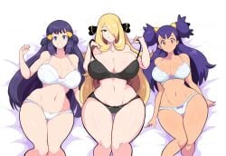 3girls aged_up ai_generated ass_visible_through_thighs bedroom bra cameltoe cynthia_(pokemon) dawn_(pokemon) female female_only huge_breasts iris_(pokemon) large_breasts lingerie looking_at_viewer mature_female novelai on_back on_bed pokemon pokemon_bw pokemon_dppt take_your_pick underwear