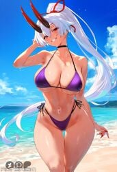 1girls ai_generated alterism bikini bikini_bottom bikini_top choker cleavage fate/grand_order fate_(series) grin groin hair_between_eyes hair_ornament hair_ribbon highleg horns hourglass_figure large_breasts light-skinned_female light_skin long_hair looking_at_viewer married_woman navel_piercing ponytail purple_bikini red_eyes red_horns red_nails shiny_skin skindentation smile thick_thighs thigh_gap tomoe_gozen_(fate) wet white_hair