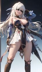 1girls ai_generated bare_shoulders big_breasts blindfold boots cleavage clothing cortezian_generations dress female gloves hi_res honkai:_star_rail honkai_(series) hoyoverse huge_breasts jingliu_(honkai:_star_rail) long_hair mihoyo night_sky patreon solo stars thick_thighs thighs white_hair