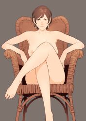 bangs bare_shoulders barefoot breasts brown_eyes brown_hair casual chair closed_mouth commentary commentary_request completely_nude crossed_legs earrings feet female human jewelry large_breasts lips looking_at_viewer lupin_iii mine_fujiko nipples nude pale_skin scene_interpretation simple_background sitting smile solo swept_bangs takasugi_kou toes