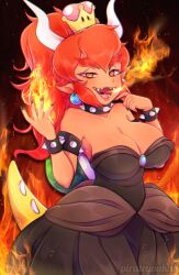 1girls black_dress bowsette breasts cleavage crown dark-skinned_female dark_skin dress earrings female horns large_breasts mario_(series) new_super_mario_bros._u_deluxe red_bowsette red_eyes red_hair sharp_teeth shell spiked_bracelet spiked_collar tail turtle_shell