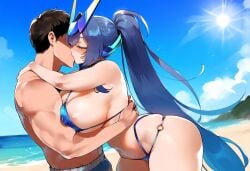 ai_generated azur_lane big_breasts blush breasts breasts_against_chest closed_eyes henrik_n huge_breasts kissing light-skinned_female light-skinned_male muscular_male new_jersey_(azur_lane) novelai skimpy_bikini thiccwithaq_(ai_style) waist_grab wide_hips