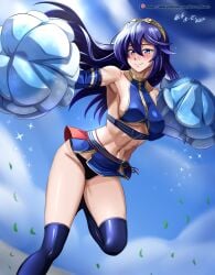 1girls blue_eyes blue_hair blue_panties blue_skirt breasts cheerleader detached_sleeves fire_emblem fire_emblem_awakening hocen long_hair looking_at_viewer lucina_(fire_emblem) medium_breasts midriff navel nintendo panties pom_pom_(cheerleading) pom_poms skirt tiara