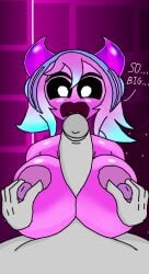 beat_banger big_breasts big_penis black_eyes boobjob breasts female geometry_dash headphones horns insane_(geometry_dash) paizuri penis penis_awe purple_hair purple_skin shocked short_hair size_talk soupsillon text toriel_beat_banger uncensored unknown_source