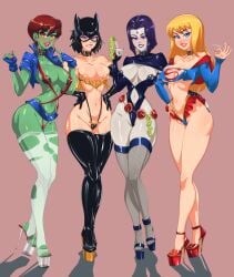 4girls alternate_costume batgirl bimbo bimbo_lips bimbofication black_hair blonde_hair blue_eyes blush boob_window brown_eyes cartoon_network cassandra_cain condom curvaceous dc dc_comics female female_only fishnets heavy_makeup high_heels hoop_earrings hoop_earrings_oversized inviting justice_league_unlimited kara_zor-el makeup microskirt miss_martian multiple_girls nipples_visible_through_clothing omiiverse platform_footwear platform_heels purple_eyes purple_hair purple_lipstick raven_(dc) red_eyes red_hair red_lipstick revealing_clothes ripped_pantyhose seductive seductive_eyes seductive_smile shiny_clothes skimpy skimpy_clothes sling_bikini slut_collar slutty_outfit supergirl teen_titans thighhighs toonami young_justice