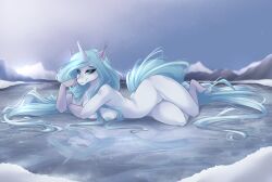 2020 anthro blue_hair breasts bunnywhiskerz digital_media_(artwork) equid equine female freckles hair hi_res horn ice long_hair lying mammal mythological_creature mythological_equine mythology nipples nude outside shaded smile snow solo unicorn white_body