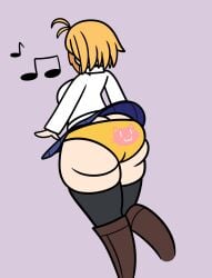 2023 arcueid_brunestud ass ass big_ass blonde_hair blue_skirt boots bubble_butt from_behind huge_ass kneehighs large_ass melty_blood miniskirt musical_note panties short_hair sweater thick_thighs tsukihime tsukihime_(remake) upskirt upskirt_sex yellow_panties yoshister