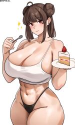 1girls 2024 abs big_breasts black_thong blush blush_lines breasts brown_hair cake cleavage collarbone cromwellb double_bun eyebrows eyebrows_visible_through_hair eyelashes female food hair_buns hairbuns highleg hourglass_figure large_breasts looking_at_viewer original original_character plate red_eyes simple_background six_pack slice_of_cake smile solo spoon standing thick_thighs thighs thong top topwear white_background white_top white_topwear wide_hips