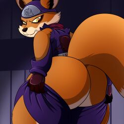 2017 alopex anthro ass big_ass big_butt canid canine clothed clothing female female_only fox fur hi_res highres lonbluewolf looking_back mammal red_body red_fur solo struggling struggling_to_fit tail teenage_mutant_ninja_turtles teenage_mutant_ninja_turtles_(2012) thick_thighs tight_clothing tmnt tmnt_2012 wardrobe_malfunction