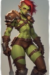 ai ai-created ai_art ai_assisted ai_generated axe brown_eyes bulge cute_femboy fantasy female femboy femboy_only green_skin male minishorts muscles muscular_male orc orc_male perchance_ai petite_body petite_femboy red_hair shirtless shirtless_male short_hair shoulders_pads sissification sissy sissyfication undercut warrior