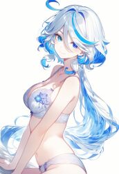 1girls ai_generated belly_button blue_eyes blue_hair bra female_only furina_(genshin_impact) genshin_impact hoyoverse lingerie lingerie_only long_hair looking_at_viewer medium_breasts panties setsuaiart sideboob sideview slim_waist smile smiling smiling_at_viewer solo solo_female stockings thigh_highs thighhighs two_tone_hair white_hair