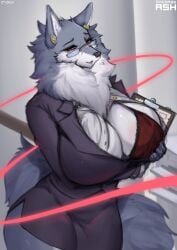 1girls 2024 2d 2d_(artwork) anthro anthro_only big_breasts big_thighs bra breasts chest_tuft cleavage clipboard clothed clothing ear_piercing earrings exposing_chest female female female_focus female_only fur furry furry_only glasses grey_body grey_fur hi_res highres hips jewelry large_breasts mammal milf ms._ash_(character) office_lady red_eyes removing_clothing scar scar_across_nose scar_on_nose silviaxrk smile smiling solo solo_female solo_focus tail thick_tail thick_thighs thighs tuft wide_hips wolf wolf_ears wolf_girl