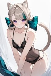 1girls ai_generated belly_button blonde_hair blush female female_only furry_ears furry_tail genshin_impact hair_ribbon hoyoverse leaning_forward lingerie lingerie_only looking_at_viewer lynette_(genshin_impact) petite petite_body petite_female purple_eyes setsuaiart slim_waist small_breasts teenager wide_hips young younger_female