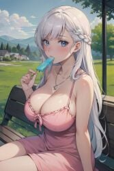 ai_generated azur_lane bare_shoulders belfast_(azur_lane) big_breasts blue_eyes earrings embarrassed embarrassed_female huge_breasts ice_cream licking long_dress long_hair looking_at_viewer necklace setsuaiart setsumanga skirt slim_waist teenager thick_thighs white_hair wide_hips