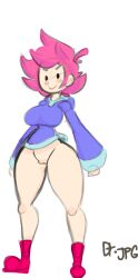 :> big_breasts blush boots bottomless dumplis_(artist) earthbound kumatora mob_face mother_(series) mother_3 naked_hoodie pink_hair pussy pussy_lips sketch tagme thigh_gap