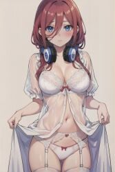 ai_generated belly_button blue_eyes blush bra brown_hair garter_belt go-toubun_no_hanayome hair_between_eyes headphones lingerie lingerie_only looking_at_viewer medium_breasts nakano_miku panties see-through see-through_clothing setsuaiart setsumanga slim_waist standing stockings teenager thigh_gap underwear