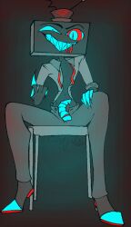 1boy 1male beckoning c1rqu3s8 claws dick grinning_at_viewer half-dressed half_naked hazbin_hotel imminent_sex seated sitting sitting_on_chair solo_focus television tv tv_head vox_(hazbin_hotel) yaoi