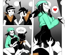 1girls 2boys 2boys1girl anal ass ass_grab bandana black_hair black_skin breasts breasts_out dashie_(derpixon) dialogue dimdim_(derpixon) female hand_on_face hat heart jacket large_breasts male male/female male_penetrating male_penetrating_female mask mime_and_dash missionary_position pizza reverse_cowgirl_position rule_63 seductive_smile sex smile tacocatiii threesome tomtom_(derpixon) vagina vaginal_insertion vaginal_penetration white_skin