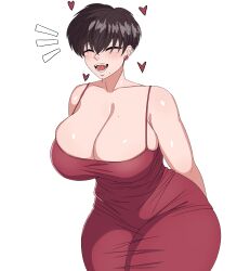 1girls big_breasts black_hair blush breasts cleavage closed_eyes clothing demon_dog demondog17 dress light-skinned_female short_hair smile solo solo_female solo_focus standing thick_thighs thighs tongue