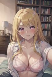 ai_generated bed bedroom blonde_hair blush blush bra home hoshino_ruby lingerie long_hair medium_breasts open_clothes open_shirt open_smile oshi_no_ko purple_eyes selfie selfie_pose setsuaiart setsumanga smile smiling underwear