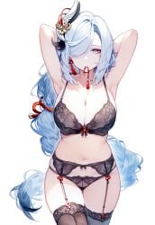 ai_generated arms_behind_head belly_button big_breasts blue_eyes genshin_impact hair_over_one_eye hoyoverse lingerie lingerie_only long_hair setsuaiart shenhe_(genshin_impact) slim_waist teenager thick_thighs tying_hair white_hair wide_hips young younger_female