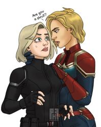 2girls avengers avengers:_infinity_war black_widow_(marvel) blonde_hair brie_larson captain_marvel carol_danvers face-to-face female female_only human human_only implied_yuri light-skinned_female light_skin marvel marvel_cinematic_universe natasha_romanoff pencilhead7 scarlett_johansson text white_background yuri